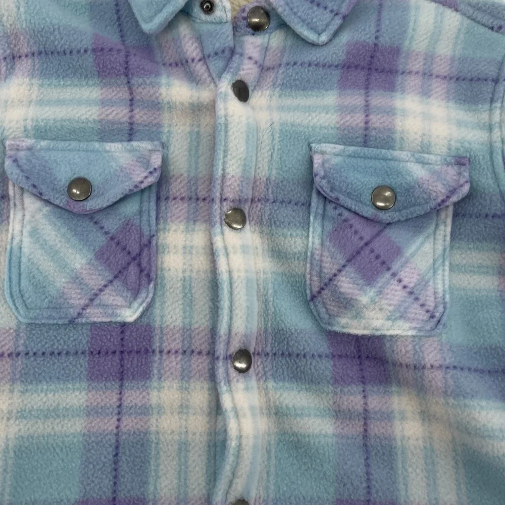 Eddie Bauer Kids Plaid Fleece Sherpa‎ Lined Shirt Jacket Size 10 12 Blue Purple